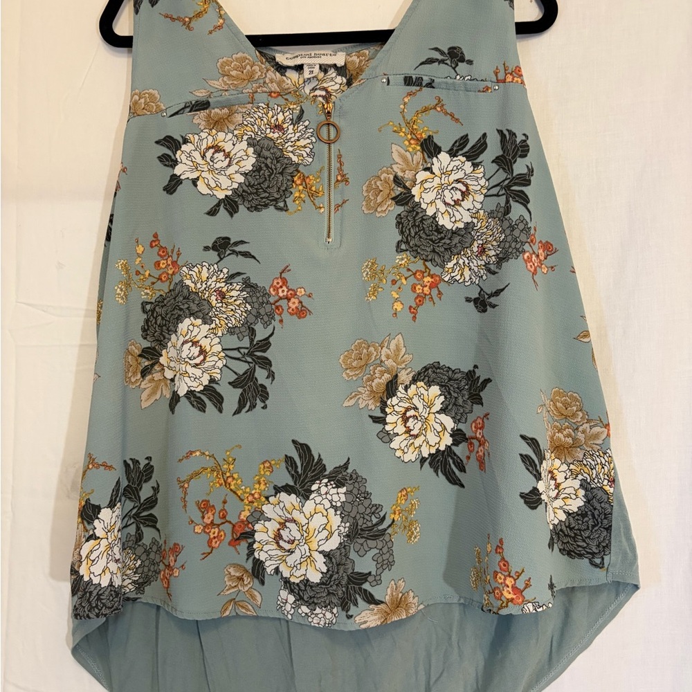 Tempted Hearts Sage Green Floral Zip V-Neck Blouse